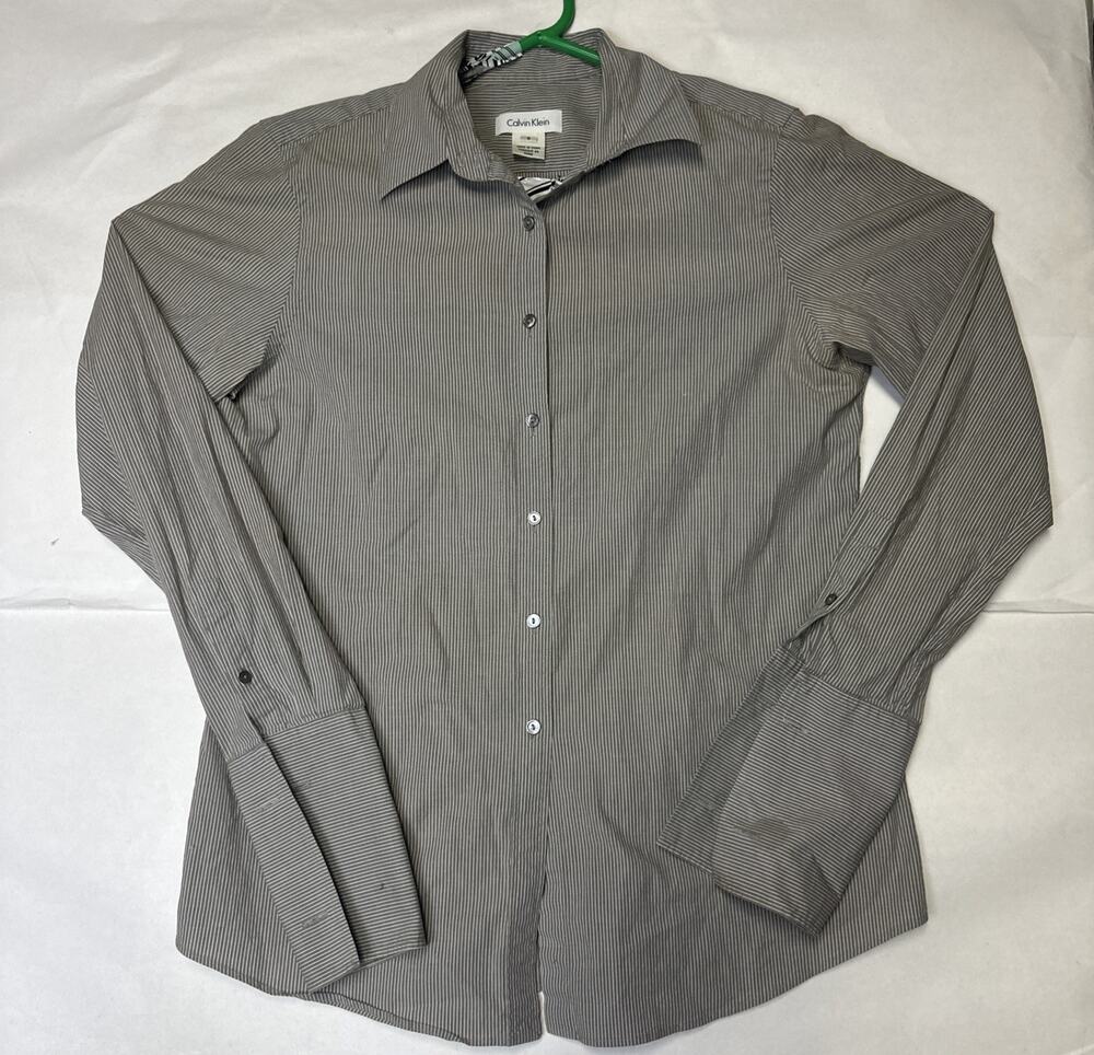 CALVIN KLEIN Grey Striped Shirt Long Sleeve Slim Fit Size 8